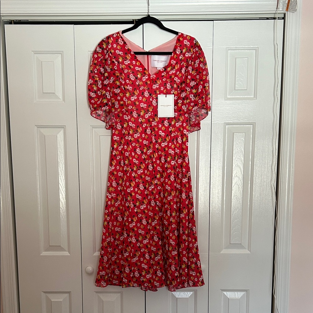 Carolina Herrera Vibrant Red Midi Dress with Floral Design